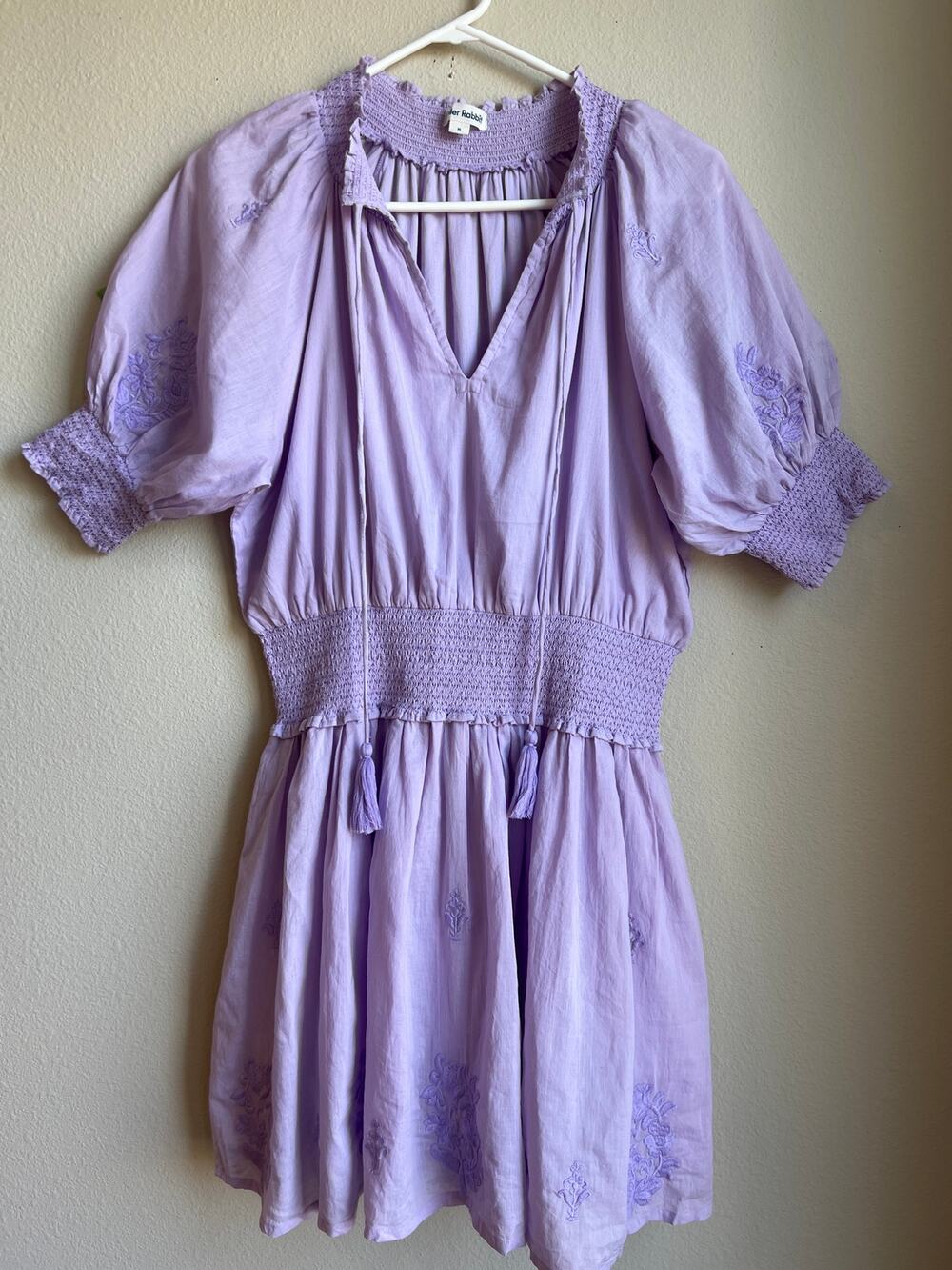 Roller Rabbit Embroidered Smocked Waist Tunic Mini Dress Lavender Purple Medium